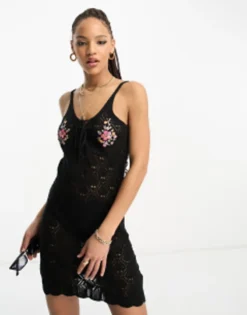 Miss Selfridge Embroidered Detail Crochet Mini Dress In Black -RIVER ISLAND || PULL & BEAR || ONLY Sales Store 204167927 4