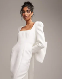 ASOS EDITION Toby Statement Square Neck And Bow Back Wedding Dress In Ivory -RIVER ISLAND || PULL & BEAR || ONLY Sales Store 204178744 3