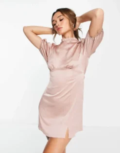 ASOS DESIGN High Neck Puff Sleeve Mini Satin Dress In Light Pink -RIVER ISLAND || PULL & BEAR || ONLY Sales Store 204179610 4