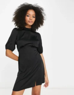 ASOS DESIGN High Neck Puff Sleeve Mini Satin Dress In Light Pink -RIVER ISLAND || PULL & BEAR || ONLY Sales Store 204179672 1 black