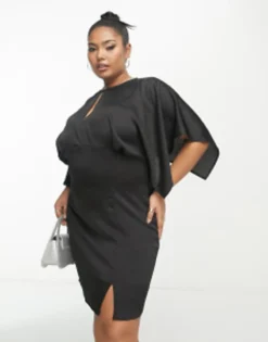 ASOS DESIGN Curve Keyhole Bodice Satin Angel Sleeve Mini Dress In Black -RIVER ISLAND || PULL & BEAR || ONLY Sales Store 204179738 4