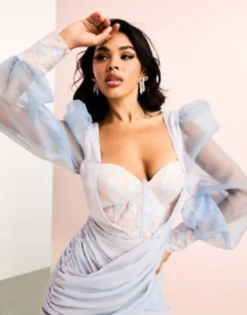 ASOS LUXE Organza Mini Dress With Blouson Sleeve And Floral Embroidery In Blue -RIVER ISLAND || PULL & BEAR || ONLY Sales Store 204180066 3