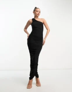 Femme Luxe One Shoulder Ruched Bodycon Maxi Dress In Black