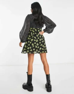 New Look Petite Mixed Print Puff Sleeve Long Sleeve Milkmaid Mini Dress In Black Floral -RIVER ISLAND || PULL & BEAR || ONLY Sales Store 204184552 3