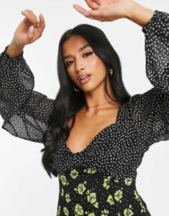 New Look Petite Mixed Print Puff Sleeve Long Sleeve Milkmaid Mini Dress In Black Floral -RIVER ISLAND || PULL & BEAR || ONLY Sales Store 204184552 4