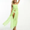 Miss Selfridge Beach Strappy Plait Detail Split Front Maxi Dress In Washed Neon Lime