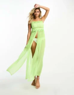 Miss Selfridge Beach Strappy Plait Detail Split Front Maxi Dress In Washed Neon Lime