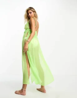 Miss Selfridge Beach Strappy Plait Detail Split Front Maxi Dress In Washed Neon Lime -RIVER ISLAND || PULL & BEAR || ONLY Sales Store 204189618 3