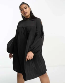 ASOS DESIGN Curve High Neck Pleated Trapeze Mini Dress With Split Sleeves In Black -RIVER ISLAND || PULL & BEAR || ONLY Sales Store 204190351 3