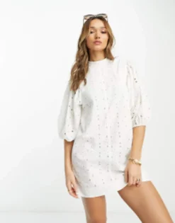 ASOS DESIGN Broderie Mini Dress With Puff Sleeve In White