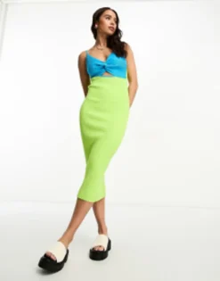 ASOS DESIGN Knitted Maxi Dress With Twist Front In Colour Block In Blue & Lime