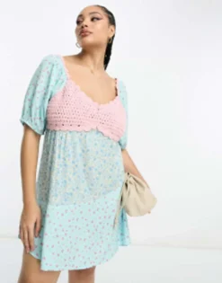 ASOS DESIGN Curve Crochet Bardot Mini Dress In Floral Ditsy Mix Print -RIVER ISLAND || PULL & BEAR || ONLY Sales Store 204197700 3