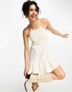 ASOS DESIGN Crochet Halter Mini Dress With Broderie Hem In Gingham -RIVER ISLAND || PULL & BEAR || ONLY Sales Store 204197733 1 cream