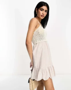 ASOS DESIGN Crochet Halter Mini Dress With Broderie Hem In Gingham -RIVER ISLAND || PULL & BEAR || ONLY Sales Store 204197747 4