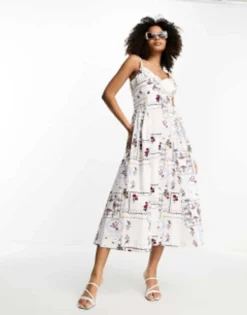 ASOS DESIGN Cotton Dropped Corset Waist Midi Skater Dress In Patchwork Print -RIVER ISLAND || PULL & BEAR || ONLY Sales Store 204197757 3