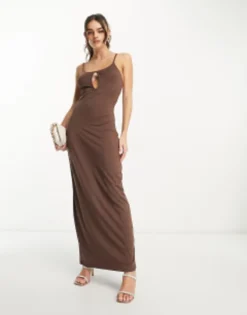 NA-KD X Annijor Maxi Dress With Cut Out Detail In Brown