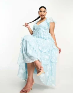 ASOS DESIGN Curve Floral Burnout Angel Sleeve Tiered Maxi Dress With Cut Out And Elasticated Back In Blue