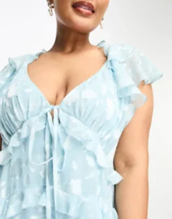 ASOS DESIGN Curve Floral Burnout Angel Sleeve Tiered Maxi Dress With Cut Out And Elasticated Back In Blue -RIVER ISLAND || PULL & BEAR || ONLY Sales Store 204202894 3