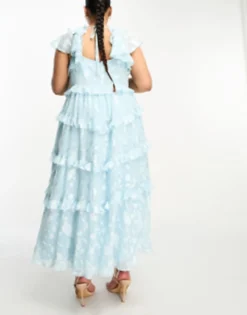 ASOS DESIGN Curve Floral Burnout Angel Sleeve Tiered Maxi Dress With Cut Out And Elasticated Back In Blue -RIVER ISLAND || PULL & BEAR || ONLY Sales Store 204202894 4