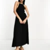 ASOS DESIGN Halter Midaxi Dress With Shirred Bodice In Black