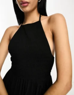 ASOS DESIGN Halter Midaxi Dress With Shirred Bodice In Black -RIVER ISLAND || PULL & BEAR || ONLY Sales Store 204203743 3