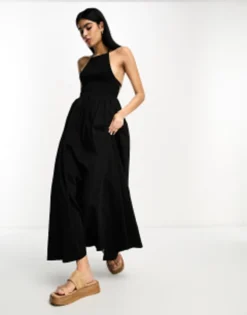 ASOS DESIGN Halter Midaxi Dress With Shirred Bodice In Black -RIVER ISLAND || PULL & BEAR || ONLY Sales Store 204203743 4