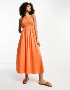 ASOS DESIGN Halter Midaxi Dress With Shirred Bodice In Orange