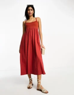 ASOS DESIGN Broderie And Knit Mix Strappy Midi Dress In Chilli Red
