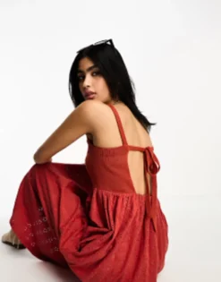 ASOS DESIGN Broderie And Knit Mix Strappy Midi Dress In Chilli Red -RIVER ISLAND || PULL & BEAR || ONLY Sales Store 204203860 3