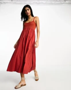 ASOS DESIGN Broderie And Knit Mix Strappy Midi Dress In Chilli Red -RIVER ISLAND || PULL & BEAR || ONLY Sales Store 204203860 4