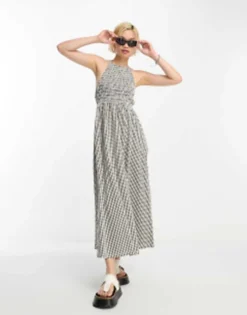 ASOS DESIGN Halter Midaxi Dress With Shirred Bodice In Orange -RIVER ISLAND || PULL & BEAR || ONLY Sales Store 204203917 1 monogingham