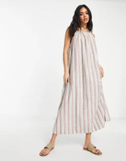 Emory Park Linen Multi Stripe Trapeze Midaxi Dress In Multi
