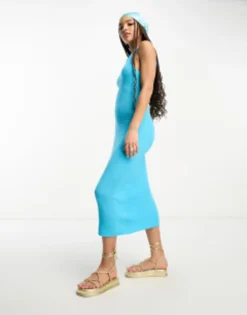 ASOS DESIGN Knitted Halter Maxi Dress In Textured Yarn In Bright Blue -RIVER ISLAND || PULL & BEAR || ONLY Sales Store 204222295 4
