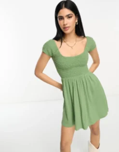 ASOS DESIGN Scoop Neck Cap Sleeve Crinkle Shirred Mini Dress In Light Khaki