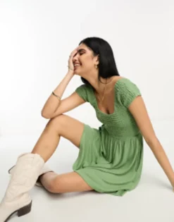 ASOS DESIGN Scoop Neck Cap Sleeve Crinkle Shirred Mini Dress In Light Khaki -RIVER ISLAND || PULL & BEAR || ONLY Sales Store 204225774 3