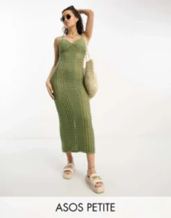 ASOS DESIGN Petite Crochet Maxi Dress In Khaki