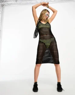 COLLUSION Crochet Scoop Neck Midi Beach Dress In White -RIVER ISLAND || PULL & BEAR || ONLY Sales Store 204229240 1 black