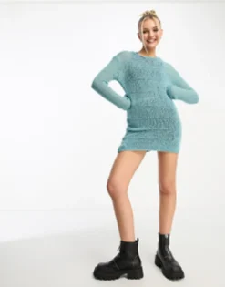 COLLUSION Open Stitch Knitted Mini Dress In Blue