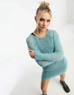 COLLUSION Open Stitch Knitted Mini Dress In Blue -RIVER ISLAND || PULL & BEAR || ONLY Sales Store 204234977 4