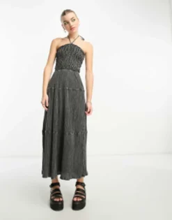 COLLUSION Halterneck Shirred Textured Maxi Dress In Washed Grey