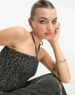 COLLUSION Halterneck Shirred Textured Maxi Dress In Washed Grey -RIVER ISLAND || PULL & BEAR || ONLY Sales Store 204241060 4