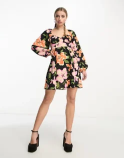 ASOS DESIGN Babydoll Open Back Mini Skater Dress With Godets In Black -RIVER ISLAND || PULL & BEAR || ONLY Sales Store 204247732 1 largeblackfloral