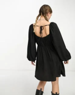 ASOS DESIGN Babydoll Open Back Mini Skater Dress With Godets In Black -RIVER ISLAND || PULL & BEAR || ONLY Sales Store 204247742 4