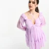 ASOS DESIGN Petite Ruffle Shoulder Mini Off The Shoulder Smock Dress With Tie Neck Detail In Lilac
