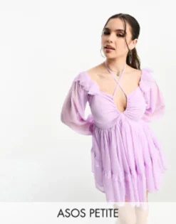 ASOS DESIGN Petite Ruffle Shoulder Mini Off The Shoulder Smock Dress With Tie Neck Detail In Lilac