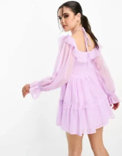 ASOS DESIGN Petite Ruffle Shoulder Mini Off The Shoulder Smock Dress With Tie Neck Detail In Lilac -RIVER ISLAND || PULL & BEAR || ONLY Sales Store 204251918 3