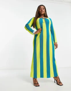 Something New Curve Maxi Dress In Blue And Yellow Stripe