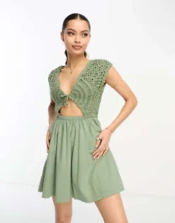 ASOS DESIGN Petite Crochet Mix Mini Dress With Tie Detail In Khaki -RIVER ISLAND || PULL & BEAR || ONLY Sales Store 204261078 4