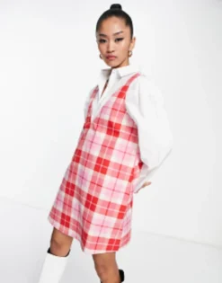 Monki Pinafore Mini Dress In Check -RIVER ISLAND || PULL & BEAR || ONLY Sales Store 204275007 1 red