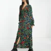 Monki Button Down V Neck Long Sleeve Dress In Multi